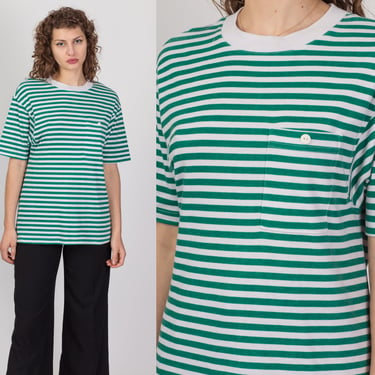 90s Green & White Striped Pocket Tee - Medium | Vintage Slouchy Short Sleeve T Shirt 