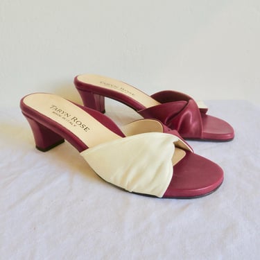 Vintage Size 38, 8US Red and White Leather Mules Open Toe Sandal Mule Medium Heel Made in Italy Leather Soles Taryn Rose 