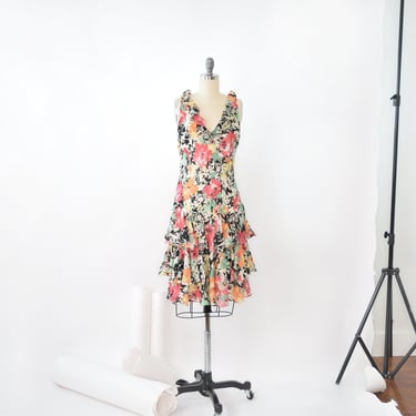 Y2K Bias Cut Floral Dress Sm / Bias Cut Drop Waist Dress S / Ruffle Dress / Midi Slip Dress / Floral Dress / Floral Print Midi Dress Small 