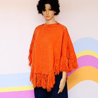 Vintage 1960s Orange Sweater Poncho with Fringe 