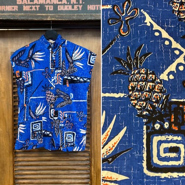 Vintage 1950’s “Shaheen’s” Cotton Pineapple Tiki Hawaiian Shirt Tea-Timer Blouse -Signed Selvedge- 50’s Tropical Top, Vintage Clothing 