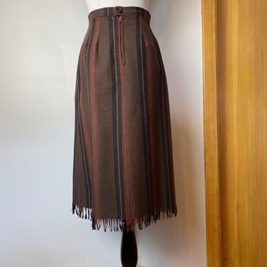Vtg 70’s wool striped plaid skirt~ fringed slight A line 1970’s brown earth tones XS 26”W 