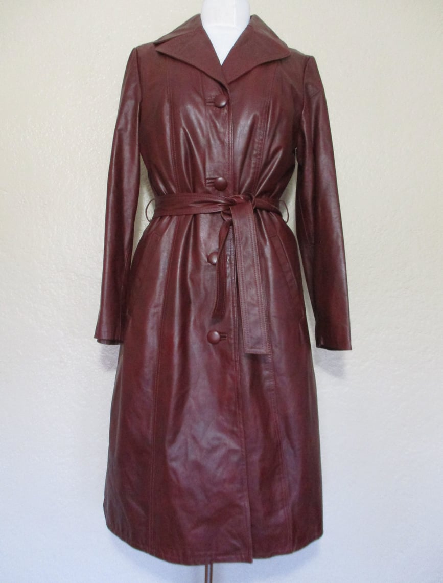 Vintage 1970s Reddish Brown Leather Trench Coat, Small/Medium Women ...