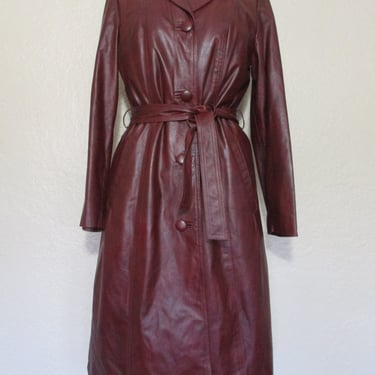 Vintage 1970s Reddish Brown Leather Trench Coat, Small/Medium Women, removable liner 