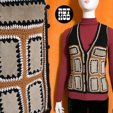 Boho Vintage 70s Black Tan Brown Suede Patchwork Vest 
