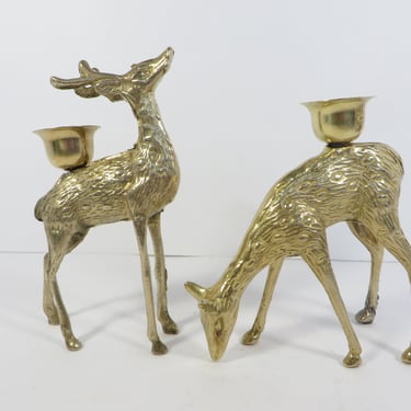 Pair of Vintage Brass Reindeer Candle Holders - Brass Deer Christmas Candle Holders 