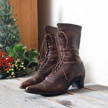 Antique Victorian lace up ankle boots vintage chocolate leather Granny Sunflower Hill Market Bayville NY