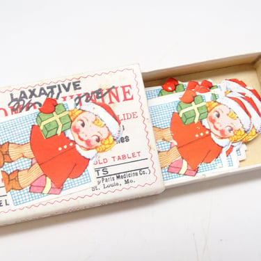 Vintage Christmas Santa Girl with Gift Die Cuts, Antique Medicine E. W. Grove Bromo Quinine Laxative, Colds & Headache Box 