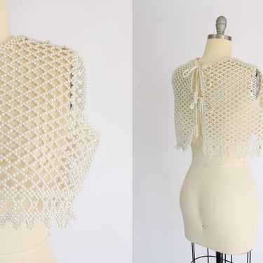 Vintage 1960s Pearl Vest | XS/S | Retro 60s Beaded Crochet Top 