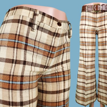 Plaid hiphugger pants bell bottoms vintage 1970s earthy browns & baby blue. Low rise wide legs. (33 x 30 1/2) 