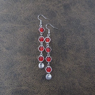 Long geometric hexagon earrings, red 