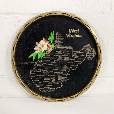 Vintage Metal West Virginia Drink Tray Plate Souvenir Retro Round Rhododendron Blossom Flowering Mid-Century Barware State Flower Floral 
