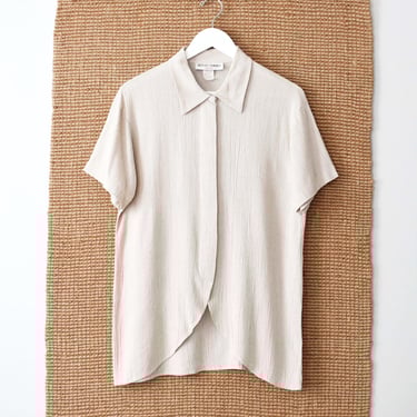 Vintage Beige Check Print Blouse, 90s Rayon Button Up Shirt, S / M 