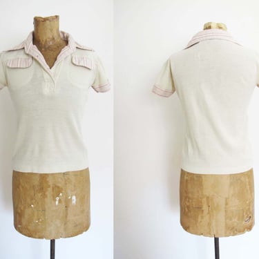 Vintage 70s Off White Babydoll Polo Shirt XS S - 1970s Collared Preppy Fitted Knit Top 