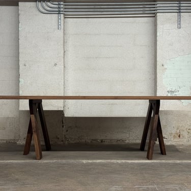 Solid Wood Desk, Modern Solid Walnut Dining Table, sawhorse legs, pedestal table 
