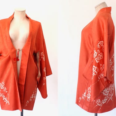 Vintage Japanese Coral Silk Satin Haori Kimono Jacket - Traditional Yuzen Dye Spring Flowers 