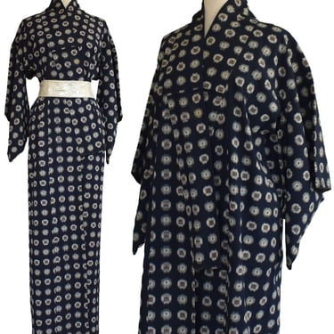 Vintage 30s Rayon Kimono Robe, Black with Gray and Red Abstract Print, Made in Japan, Size L to XL 