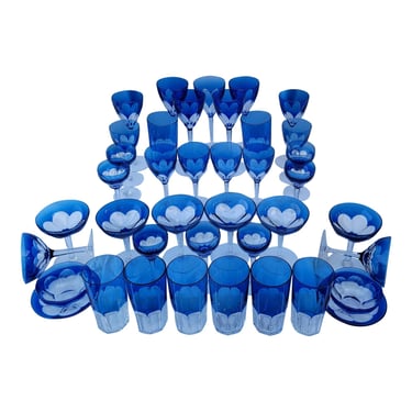 Vintage 1960s St. Louis Crystal &quot;Bristol&quot; Pattern Crystal Glasses in Cobalt Cut to Clear - 40 Piece Set