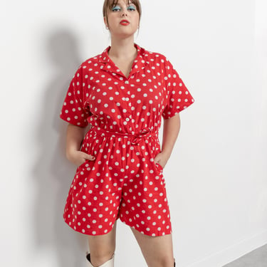 RED POLKA DOT Romper Jumpsuit Playsuit Cotton Vintage Belted Pockets Spring Summer / Large Extra Large Xl 