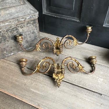 Pair French Ormolu Candle Sconces, Gilt Metal Piano Sconce, Double Sconce, Antique, Chateau Decor 