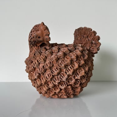 Vintage Organic Folk Art Terracotta Hen - Chicken Sculpture 