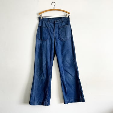 Vintage 50s 60s USN Blue Denim Dungaree Flared Bell Bottom High Waisted Jeans Pants Size 29 waist 