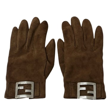 Fendi Brown Suede Logo Gloves