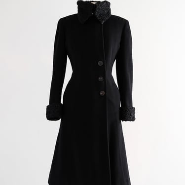 Vintage 1940's Black Wool Princess Coat with Persian Lamb Trim / L