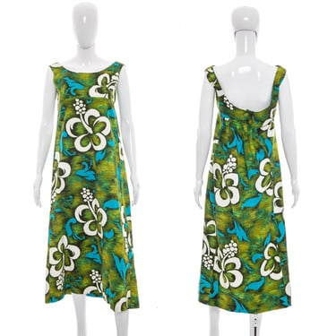 1960's Royal Hawaiian Green and White Floral Print Tiki Dress Size M