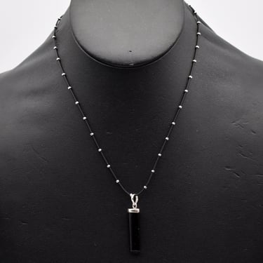 80's sterling onyx triangle column goth rocker pendant, edgy black rubber 925 silver beads necklace 