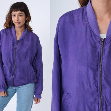 90s Silk Windbreaker Jacket -- Purple Bomber Jacket Sportswear Warm Up Jacket Zip Up Jacket 1990s Oversized Bogari Large l 