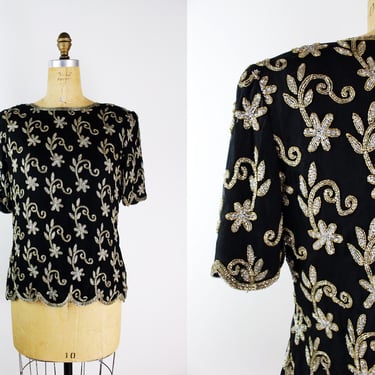 80s Silk Beaded Party Cocktail Blouse / Party Blouse / Statement Top /Gold and Silver Party Top / Scalloped trim/ Art Deco Top/ Size S/M 