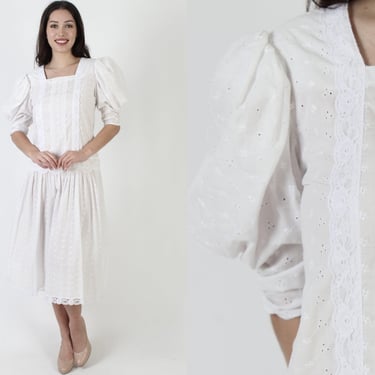 Vintage 80s White Gunne Sax Dress, Plain Cut Out Eyelet Material, Simple Floral Embroidered Lace Bridesmaids Gown 