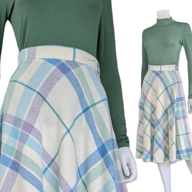 Vintage Plaid Skirt, Small / 1970s Swing Skirt / Cream and Blue Plaid Woven Skirt / Wool Blend Pastel Plaid Midi Skirt 