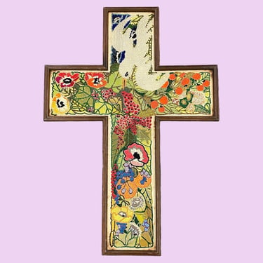 Vintage Religious Crewel 1970s Retro Size 25x18 Bohemian + Wood Cross + White Dove + Flowers + God + Embroidery + Handmade + Boho Wall Decor 