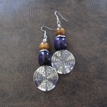 Etched silver southwestern boho chic earrings, purple 