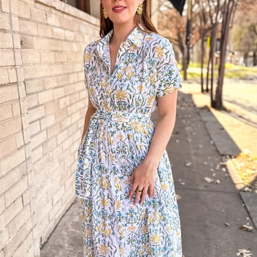 Bohemian Gemme Charlotte Button Down Midi- Blue & Yellow Floral