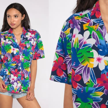 Tropical Button up Shirt 90s Purple Hawaiian Blouse Bright 