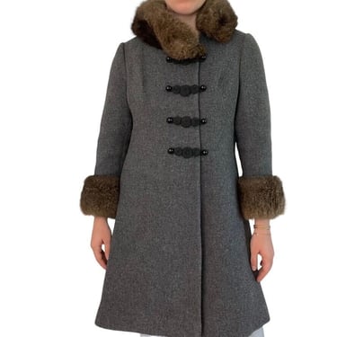 Vintage 1970s Jackie Stuart Gray Wool Tweed Fur Lined Trench Coat Jacket Sz S 