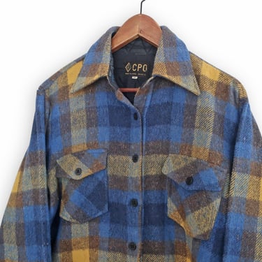 vintage CPO jacket / plaid jacket / 1970s blue yellow plaid CPO wool boxy fit jacket Medium 