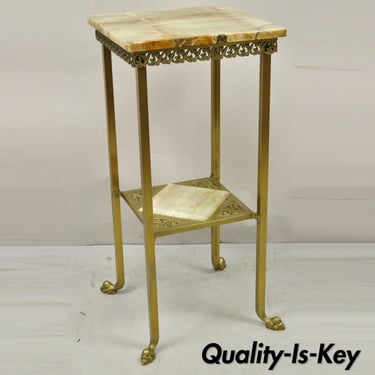 Antique Brass Two Tier Onyx Stone Dolphin Feet Plant Stand Side Table