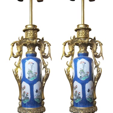 Pair of French 19th Century Porcelain Urn 2 Bulb Lamps