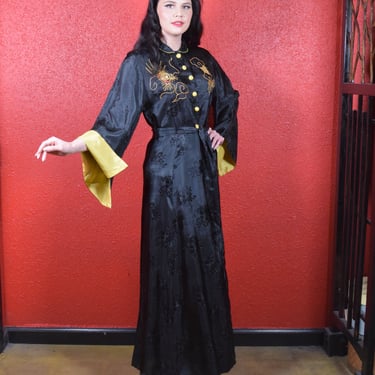 1930s Dragon Embroidered Black Rayon Lounge Dress Robe 