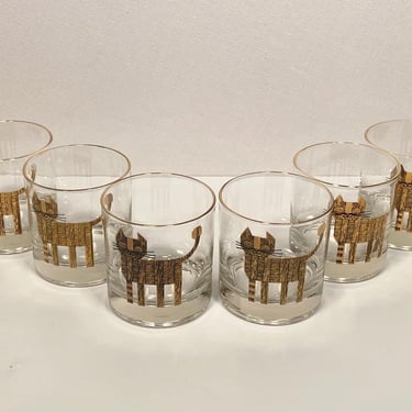 Set of Six 1950's Couroc Gold Cat Rocks Glasses 