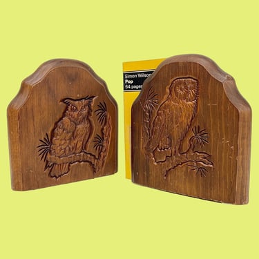 Vintage Owl Bookends Retro 1970s Mid Century Modern + Brown Wood + Carved Owl Design + Set of 2 + Book Display and Storage + MCM Bird Decor 