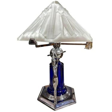 Frankart Era Art Deco Style Chrome & Cobalt Figural Lamp w/ Vivian Glass Shade 