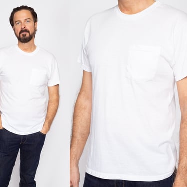 Med-Lrg 90s Plain White Pocket Tee | Vintage Short Sleeve Crewneck Undershirt T Shirt 