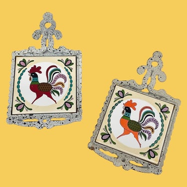 Vintage Rooster Trivets Retro 1960s Mid Century Farmhouse + Iron and Ceramic Tile + Set of 2 + Kitchen + Hot Plate Storage + Made in Japan 