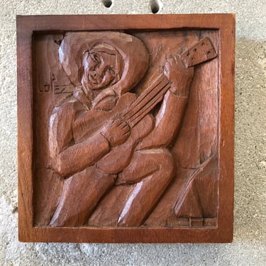 Mexican Guitar Player Bas Relief Carving by Lopez