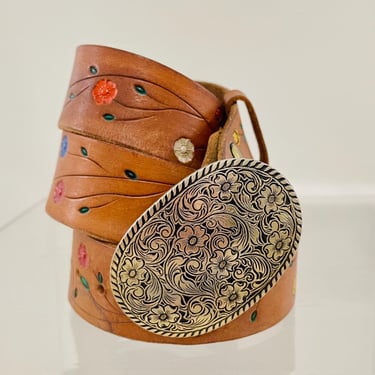 Vintage 1970s Groovy Flower Power Tooled Leather Belt | Mod  display picture 3